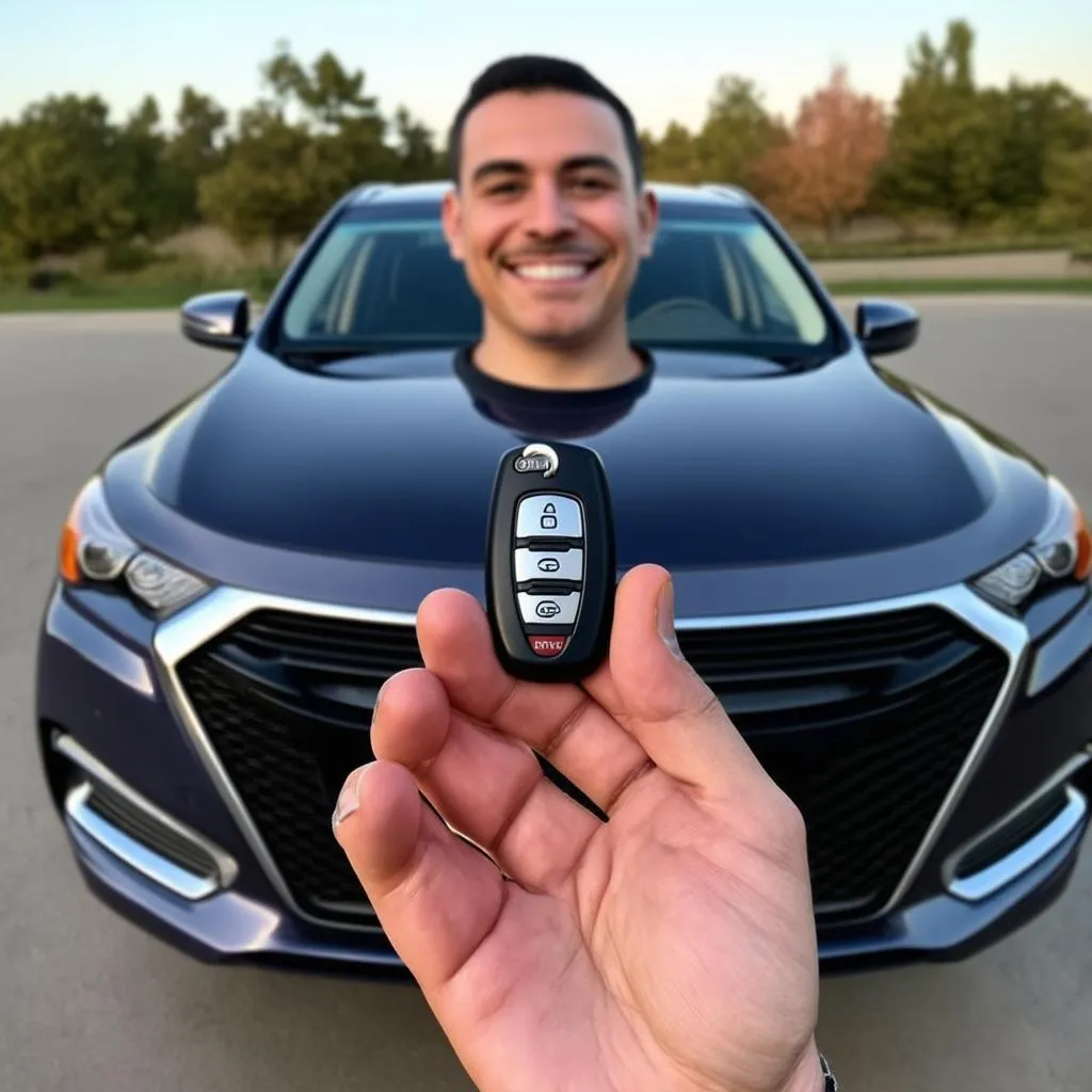 a person holding a programmed car key standing in front of their gm vehicle smiling at the camera